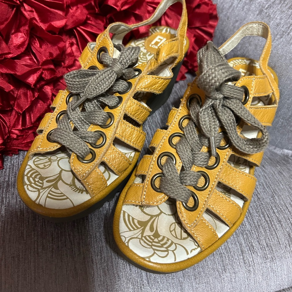 Fly London Yito mustard yellow lace up slingback open toe wedge 38 /Retail $175
